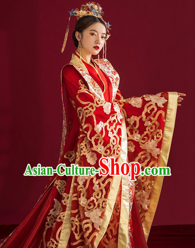 China Traditional Tang Dynasty Wedding Costumes Ancient Empress Red Embroidered Dress