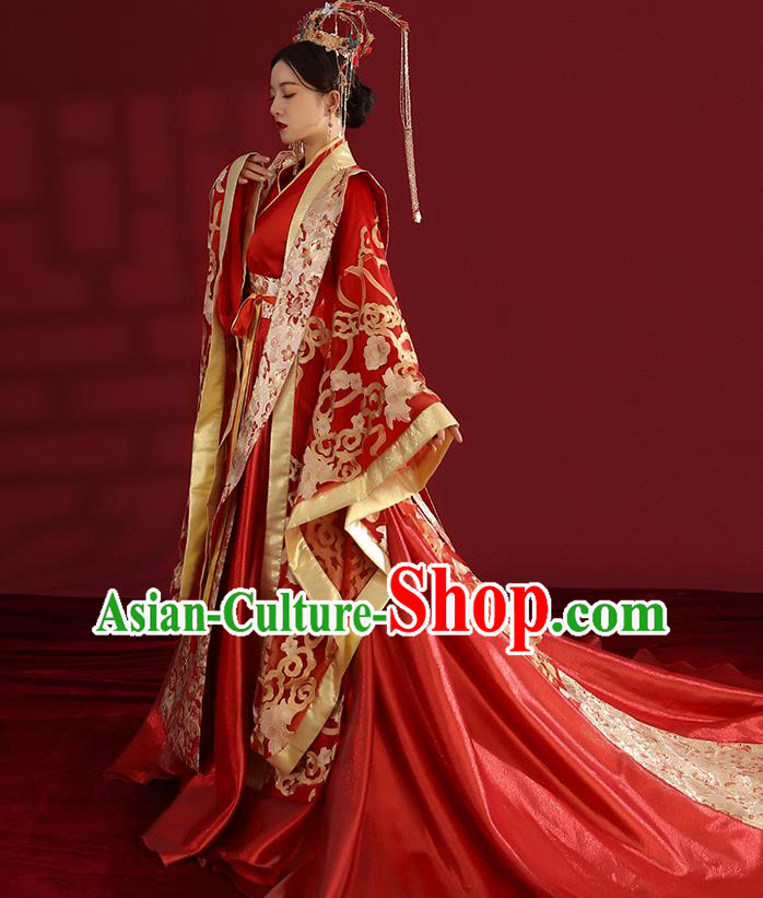 China Traditional Tang Dynasty Wedding Costumes Ancient Empress Red Embroidered Dress