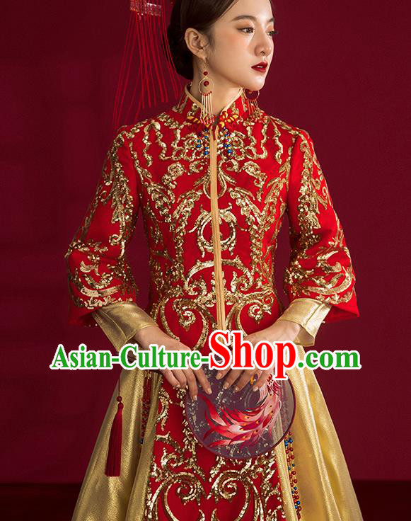 China Traditional Wedding Costumes Ancient Bride Embroidered Red Xiuhe Suits