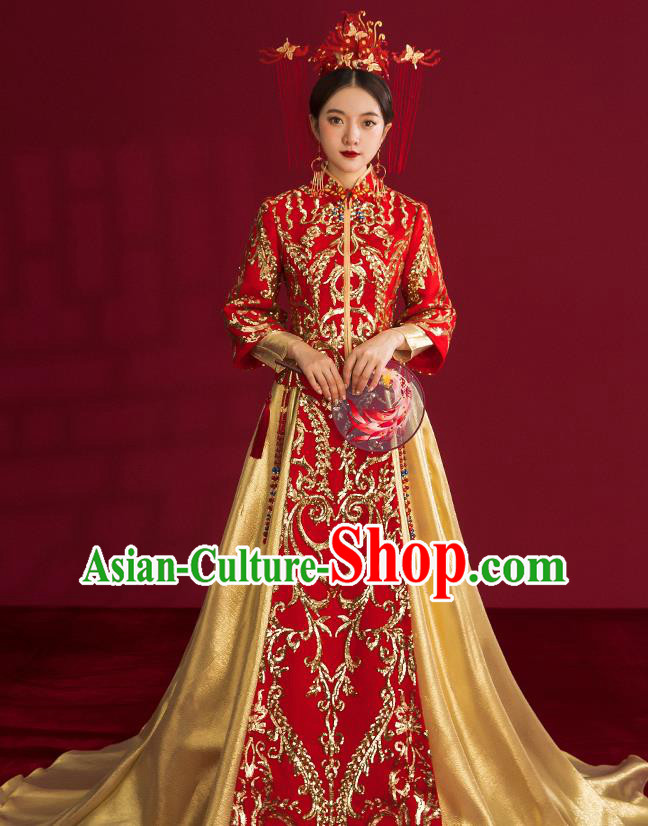 China Traditional Wedding Costumes Ancient Bride Embroidered Red Xiuhe Suits