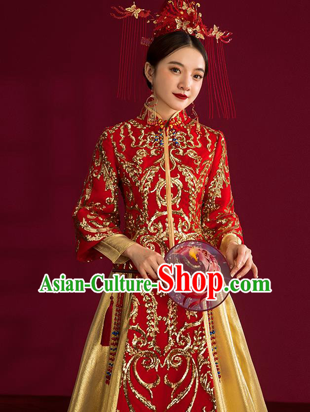 China Traditional Wedding Costumes Ancient Bride Embroidered Red Xiuhe Suits