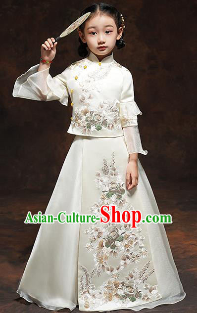 Chinese Classical Dance Clothing Embroidered White Qipao Dress Girl Bridesmaid Blouse and Dress