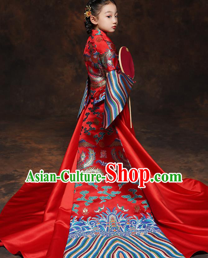 Chinese Embroidered Red Xiuhe Suits Girl Bridesmaid Blouse and Dress Classical Dance Clothing