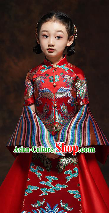 Chinese Embroidered Red Xiuhe Suits Girl Bridesmaid Blouse and Dress Classical Dance Clothing