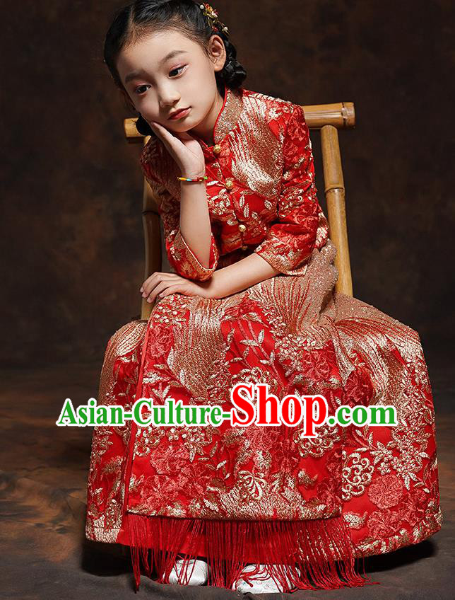 Chinese Girl Bridesmaid Blouse and Dress Classical Dance Clothing Embroidered Red Xiuhe Suits