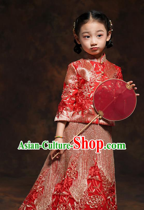Chinese Girl Bridesmaid Blouse and Dress Classical Dance Clothing Embroidered Red Xiuhe Suits