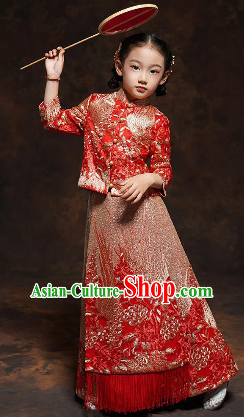 Chinese Girl Bridesmaid Blouse and Dress Classical Dance Clothing Embroidered Red Xiuhe Suits