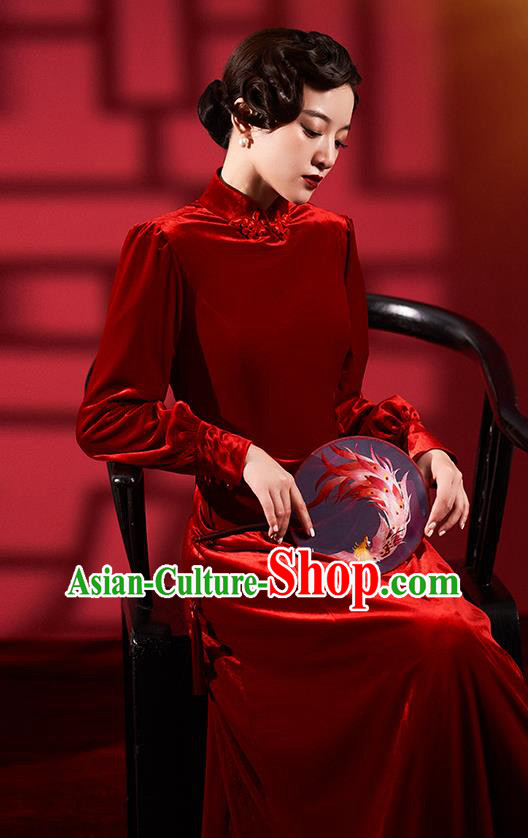 Chinese Classical Dance Red Qipao Dress Clothing Traditional Wedding Velvet Cheongsam