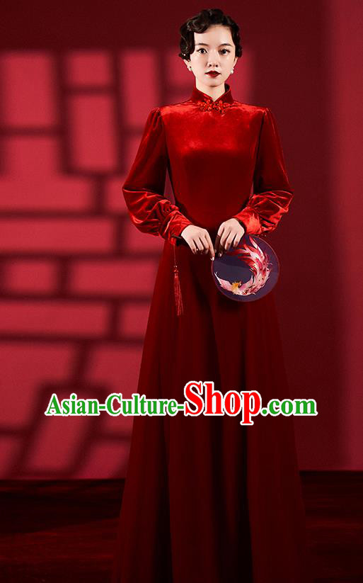 Chinese Classical Dance Red Qipao Dress Clothing Traditional Wedding Velvet Cheongsam