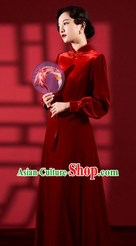 Chinese Classical Dance Red Qipao Dress Clothing Traditional Wedding Velvet Cheongsam
