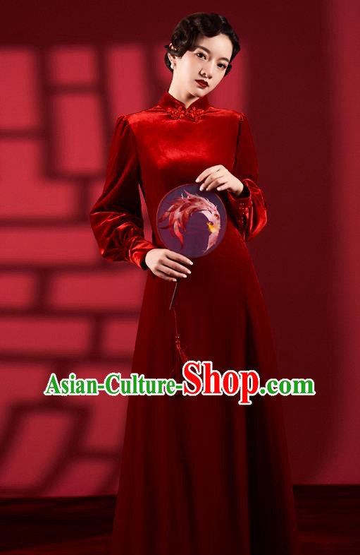 Chinese Classical Dance Red Qipao Dress Clothing Traditional Wedding Velvet Cheongsam