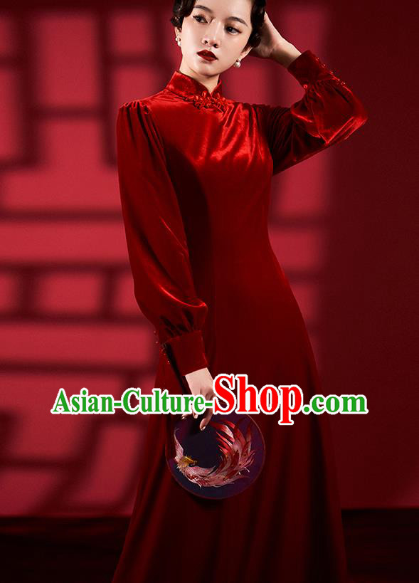 Chinese Classical Dance Red Qipao Dress Clothing Traditional Wedding Velvet Cheongsam