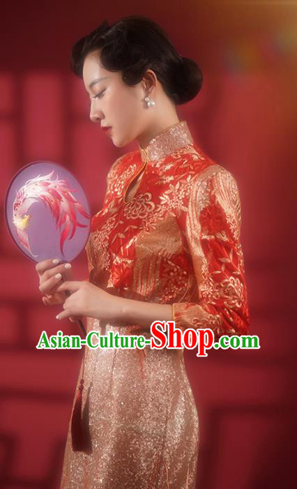 Chinese Bride Qipao Dress Clothing Traditional Wedding Embroidered Red Brocade Cheongsam