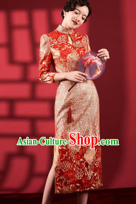 Chinese Bride Qipao Dress Clothing Traditional Wedding Embroidered Red Brocade Cheongsam