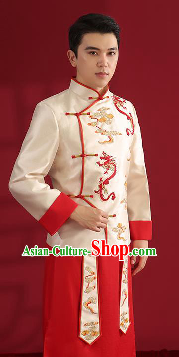 Chinese Traditional Wedding Bridegroom Costumes Embroidered White Mandarin Jacket and Red Long Robe