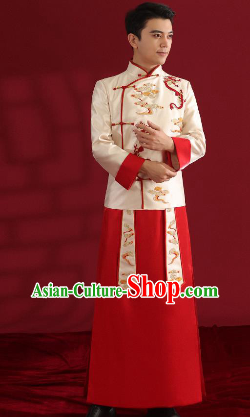Chinese Traditional Wedding Bridegroom Costumes Embroidered White Mandarin Jacket and Red Long Robe