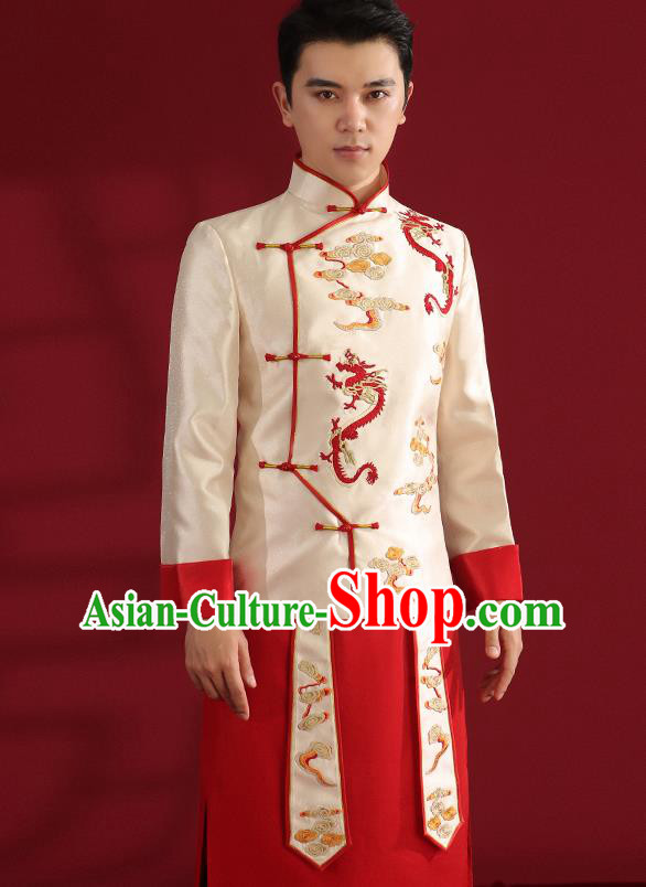 Chinese Traditional Wedding Bridegroom Costumes Embroidered White Mandarin Jacket and Red Long Robe
