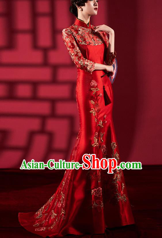 Chinese Bride Embroidered Red Qipao Dress Clothing Traditional Wedding Fishtail Cheongsam