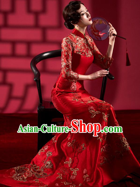 Chinese Bride Embroidered Red Qipao Dress Clothing Traditional Wedding Fishtail Cheongsam