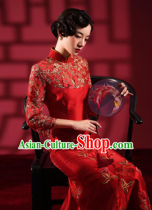 Chinese Bride Embroidered Red Qipao Dress Clothing Traditional Wedding Fishtail Cheongsam