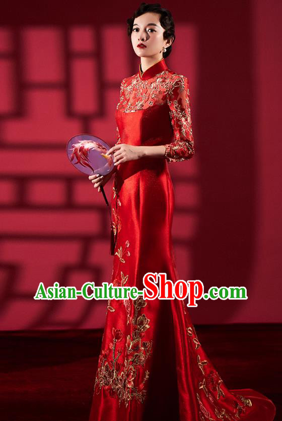 Chinese Bride Embroidered Red Qipao Dress Clothing Traditional Wedding Fishtail Cheongsam