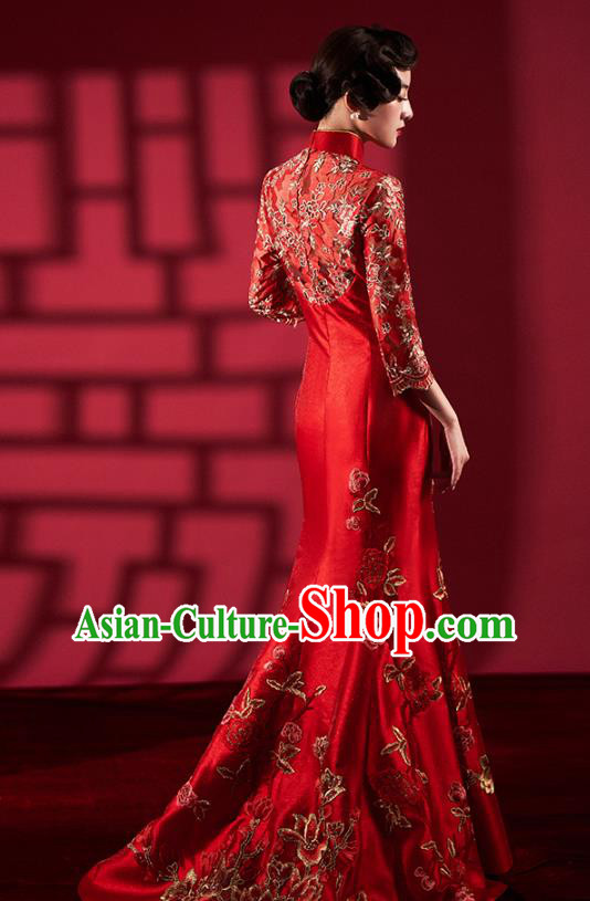 Chinese Bride Embroidered Red Qipao Dress Clothing Traditional Wedding Fishtail Cheongsam