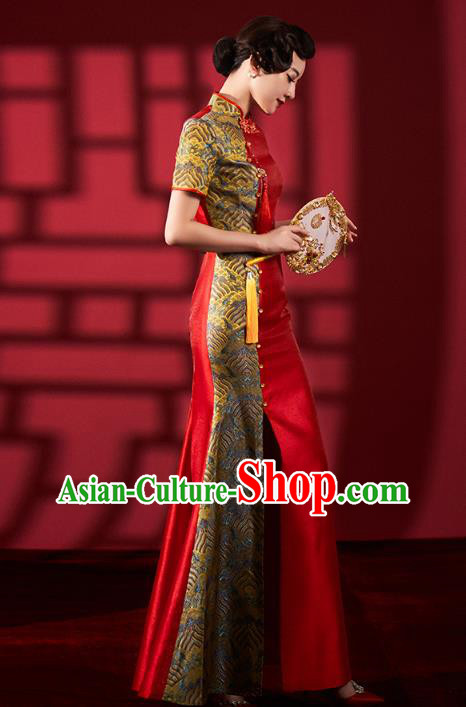 Chinese Traditional Wedding Fishtail Cheongsam Bride Red Brocade Qipao Dress Clothing