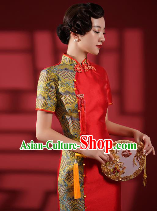 Chinese Traditional Wedding Fishtail Cheongsam Bride Red Brocade Qipao Dress Clothing