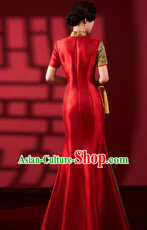 Chinese Traditional Wedding Fishtail Cheongsam Bride Red Brocade Qipao Dress Clothing