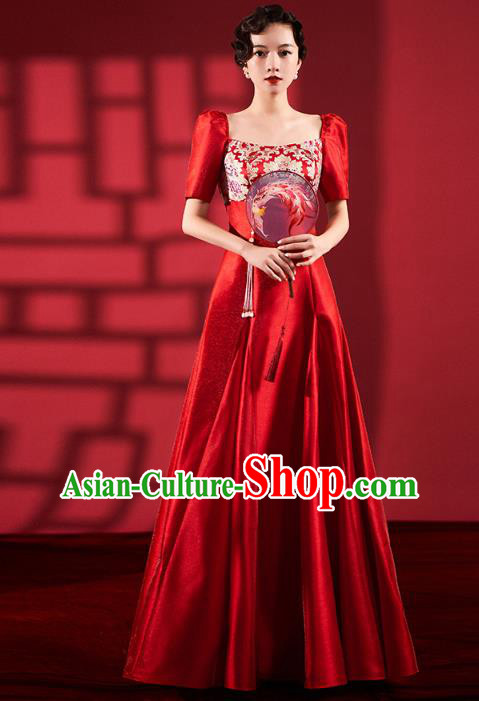 Chinese Traditional Wedding Cheongsam Clothing Bride Red Brocade Qipao Dress