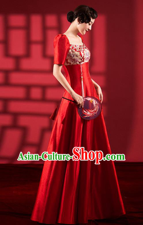 Chinese Traditional Wedding Cheongsam Clothing Bride Red Brocade Qipao Dress