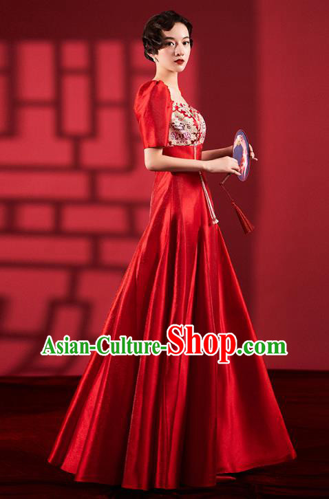 Chinese Traditional Wedding Cheongsam Clothing Bride Red Brocade Qipao Dress