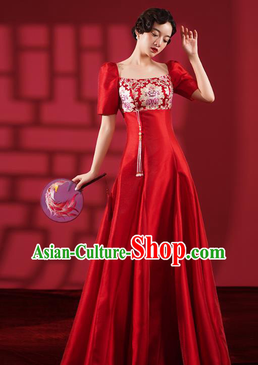 Chinese Traditional Wedding Cheongsam Clothing Bride Red Brocade Qipao Dress