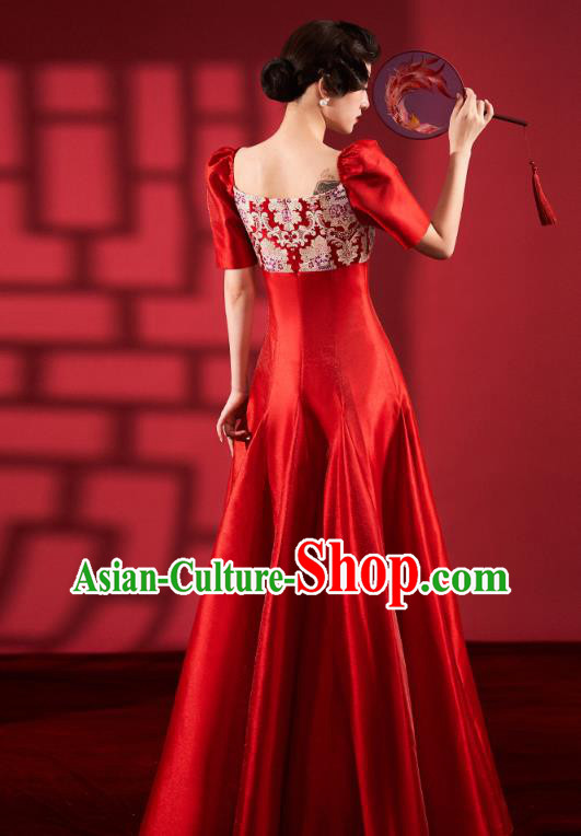 Chinese Traditional Wedding Cheongsam Clothing Bride Red Brocade Qipao Dress