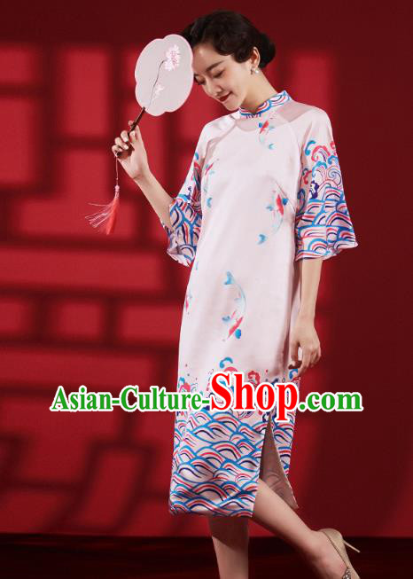 Chinese Traditional Wedding Bridesmaid Cheongsam Clothing Printing Pink Brocade Qipao Dress