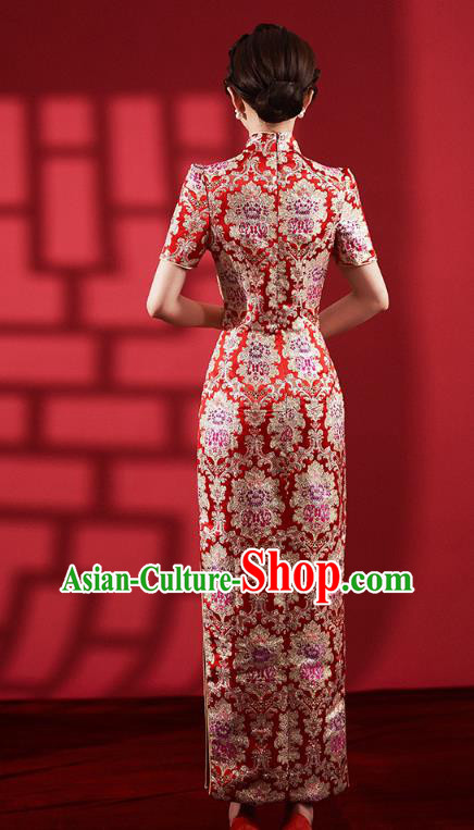 Chinese Classical Red Brocade Qipao Dress Traditional Wedding Bride Cheongsam Clothing