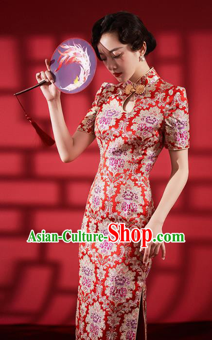 Chinese Classical Red Brocade Qipao Dress Traditional Wedding Bride Cheongsam Clothing