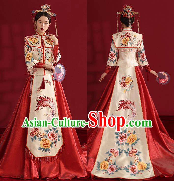 China Classical Embroidered Phoenix Peony Wedding Dress Traditional Bride Xiuhe Suit Costumes