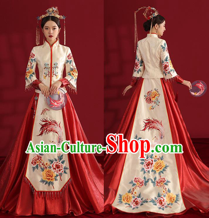 China Classical Embroidered Phoenix Peony Wedding Dress Traditional Bride Xiuhe Suit Costumes
