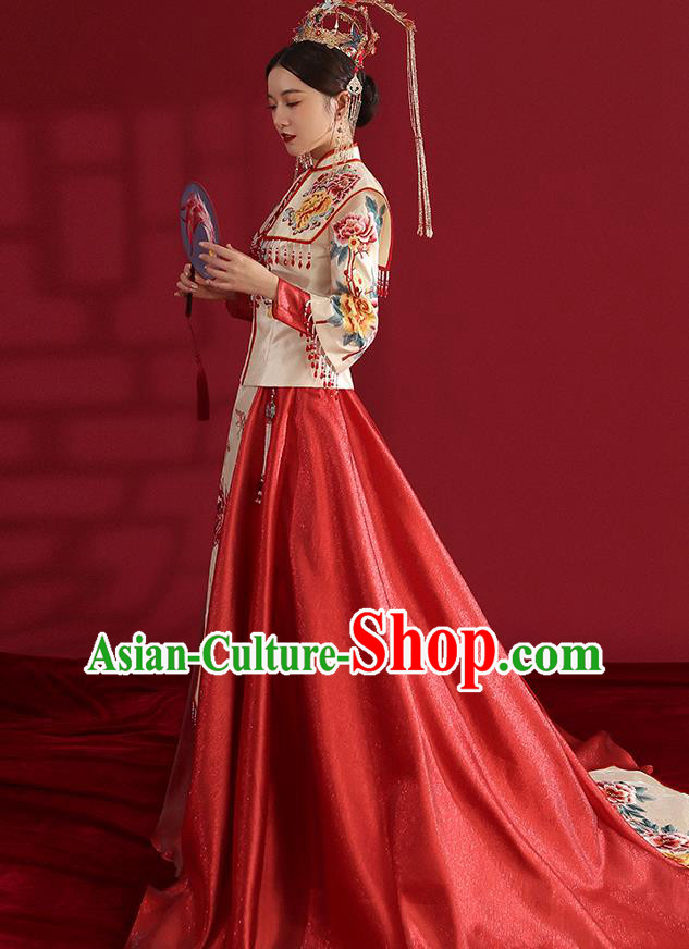 China Classical Embroidered Phoenix Peony Wedding Dress Traditional Bride Xiuhe Suit Costumes