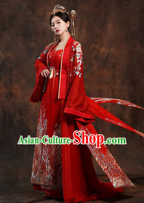 China Traditional Tang Dynasty Empress Wedding Costumes Ancient Bride Embroidered Red Hanfu Dress