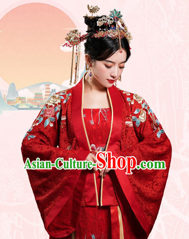 China Traditional Tang Dynasty Empress Wedding Costumes Ancient Bride Embroidered Red Hanfu Dress