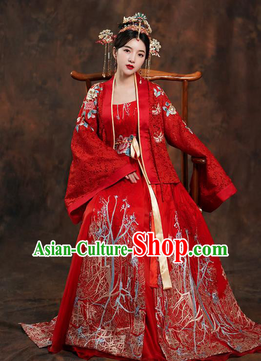 China Traditional Tang Dynasty Empress Wedding Costumes Ancient Bride Embroidered Red Hanfu Dress