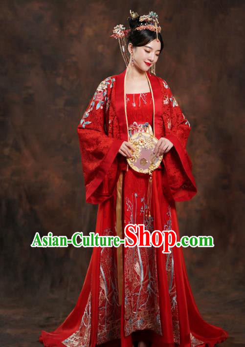 China Traditional Tang Dynasty Empress Wedding Costumes Ancient Bride Embroidered Red Hanfu Dress