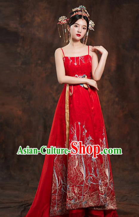 China Traditional Tang Dynasty Empress Wedding Costumes Ancient Bride Embroidered Red Hanfu Dress