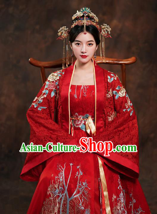 China Traditional Tang Dynasty Empress Wedding Costumes Ancient Bride Embroidered Red Hanfu Dress