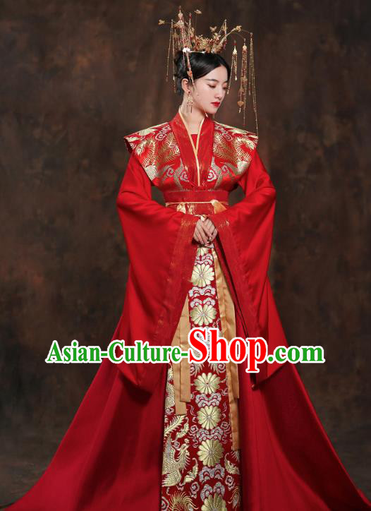 China Ancient Queen Embroidered Red Hanfu Dress Traditional Tang Dynasty Bride Wedding Costumes