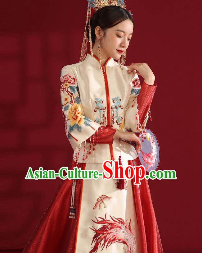 China Classical Embroidered Phoenix Peony Wedding Dress Traditional Bride Xiuhe Suit Costumes