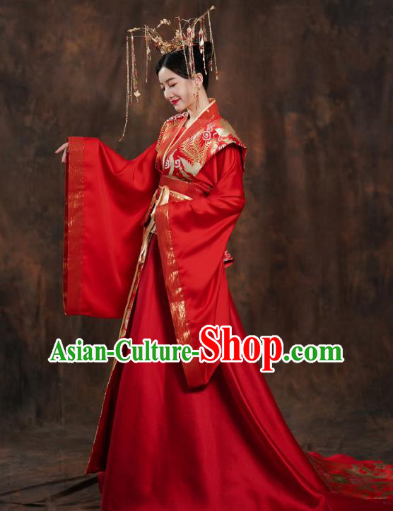 China Ancient Queen Embroidered Red Hanfu Dress Traditional Tang Dynasty Bride Wedding Costumes