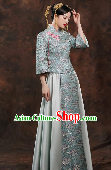 China Traditional Wedding Blue Xiuhe Suits Bride Costumes Toast Dress